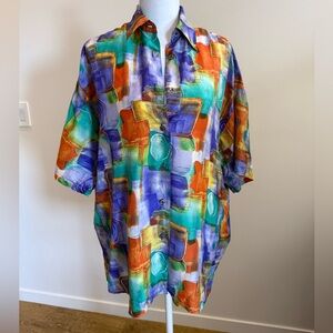Vintage Jane Alexander 100% silk Button Down Size Large Abstract Art to Wear